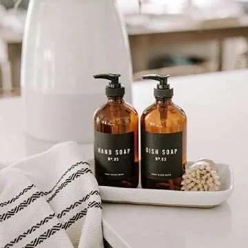 Sweet Water Decor Amber Glass Bottle Refill Soap Dispenser | Farmhouse, Rustic, Waterproof Bathroom Label | 16 oz Reusable Soap Bottles with Pump (Dish Soap)