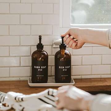 Sweet Water Decor Amber Glass Bottle Refill Soap Dispenser | Farmhouse, Rustic, Waterproof Bathroom Label | 16 oz Reusable Soap Bottles with Pump (Dish Soap)