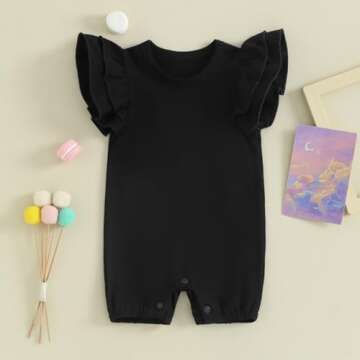 iddolaka Newborn Infant Baby Girl Basic Ruffle Romper Bodysuit Jumpsuit Casual Clothes Summer One Piece Solid Outfit (Black, 0-3 Months)