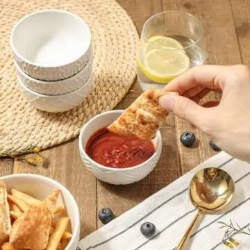 Sureasy Small Bowls 4 OZ, 3.5 inch Dipping Bowls, Ceramic Embossed Mini Bowls for Ice Cream, Side Dishes, Sauces, Housewarming, Set of 4, White