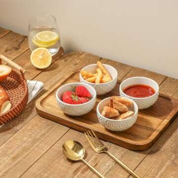 Sureasy Small Bowls 4 OZ, 3.5 inch Dipping Bowls, Ceramic Embossed Mini Bowls for Ice Cream, Side Dishes, Sauces, Housewarming, Set of 4, White
