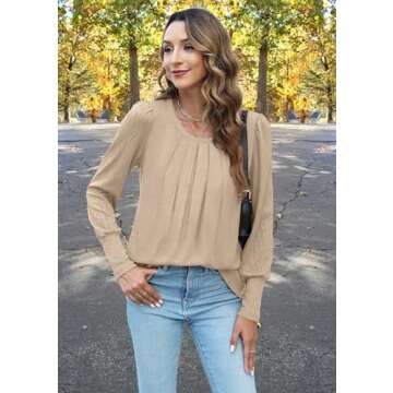 XIEERDUO Shirts for Women Long Sleeve Trendy Tops Womens Fall Fashion 2024 Puff Sleeve Khaki M