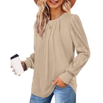 XIEERDUO Shirts for Women Long Sleeve Trendy Tops Womens Fall Fashion 2024 Puff Sleeve Khaki M