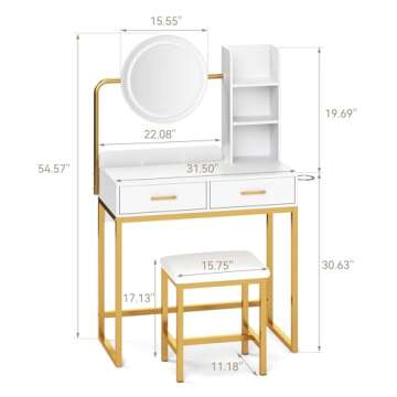 Dowinx Vanity Desk with LED Lighted Mirror & Power Outlet, White Vanity Desk with Adjustable 3 Lighting Modes, Small Vanity Desk for Bedroom, Makeup Vanity with Chair for Girl, Gold and White