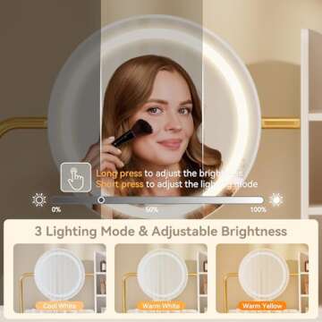 Dowinx Vanity Desk with LED Lighted Mirror & Power Outlet, White Vanity Desk with Adjustable 3 Lighting Modes, Small Vanity Desk for Bedroom, Makeup Vanity with Chair for Girl, Gold and White