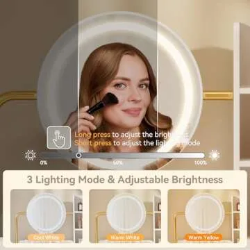 Dowinx Vanity Desk with LED Lighted Mirror & Power Outlet, White Vanity Desk with Adjustable 3 Lighting Modes, Small Vanity Desk for Bedroom, Makeup Vanity with Chair for Girl, Gold and White