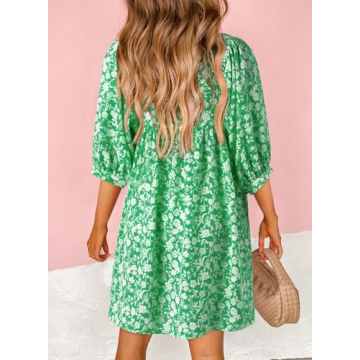 Dokotoo Spring Summer Dresses for Women 2025 Sundresses Chiffon Drawstring V-Neck Short Sleeve Boho Floral Vintage Casual Loose Swing Mini Beach Cover Up Sun Dress Cruise Outfits Green Medium