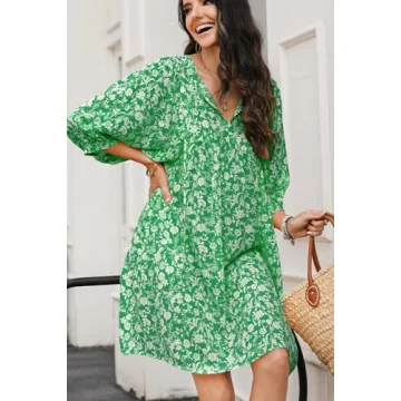 Dokotoo Spring Summer Dresses for Women 2025 Sundresses Chiffon Drawstring V-Neck Short Sleeve Boho Floral Vintage Casual Loose Swing Mini Beach Cover Up Sun Dress Cruise Outfits Green Medium