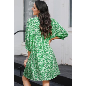 Dokotoo Spring Summer Dresses for Women 2025 Sundresses Chiffon Drawstring V-Neck Short Sleeve Boho Floral Vintage Casual Loose Swing Mini Beach Cover Up Sun Dress Cruise Outfits Green Medium