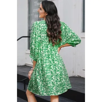 Dokotoo Spring Summer Dresses for Women 2025 Sundresses Chiffon Drawstring V-Neck Short Sleeve Boho Floral Vintage Casual Loose Swing Mini Beach Cover Up Sun Dress Cruise Outfits Green Medium