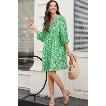 Dokotoo Spring Summer Dresses for Women 2025 Sundresses Chiffon Drawstring V-Neck Short Sleeve Boho Floral Vintage Casual Loose Swing Mini Beach Cover Up Sun Dress Cruise Outfits Green Medium