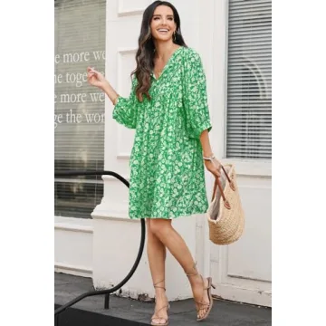 Dokotoo Spring Summer Dresses for Women 2025 Sundresses Chiffon Drawstring V-Neck Short Sleeve Boho Floral Vintage Casual Loose Swing Mini Beach Cover Up Sun Dress Cruise Outfits Green Medium