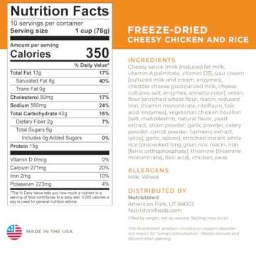 Nutristore Freeze-Dried Cheesy Chicken and Rice | Emergency Survival Bulk Food Storage Meal | Perfect for Everyday Quick Meals and Long-Term Storage | 25 Year Shelf Life | USDA Inspected (1-Pack)