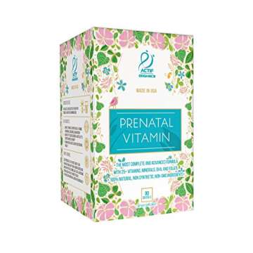 Actif Organic Prenatal Vitamin with 25+ Organic Vitamins, 100% Natural, DHA, EPA, Omega 3, and Organic Herbal Blend - Non-GMO, 90 Count