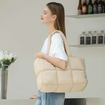 Herald Puffer Tote Bag for Women, Large Quilted Puffy Cloud Handbag Winter Down Padding Lattice Satc...