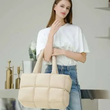 Herald Puffer Tote Bag for Women, Large Quilted Puffy Cloud Handbag Winter Down Padding Lattice Satchel Purse (Khaki)