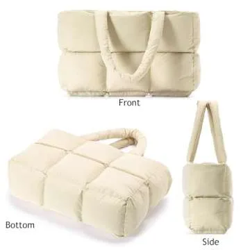 Herald Puffer Tote Bag for Women, Large Quilted Puffy Cloud Handbag Winter Down Padding Lattice Satchel Purse (Khaki)
