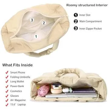 Herald Puffer Tote Bag for Women, Large Quilted Puffy Cloud Handbag Winter Down Padding Lattice Satchel Purse (Khaki)