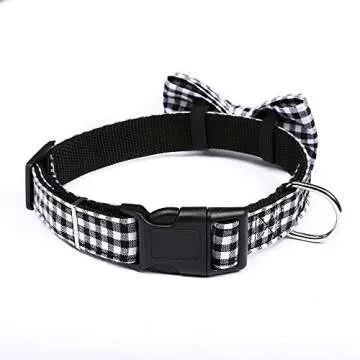 Love Dream Bow Tie Dog Collar, Soft and Comfortable Quick Release Plaid Dog Collar with Detachable Bowtie for Small Medium Large Dogs (Black-White Plaid, Medium(13.4"-19.7"))