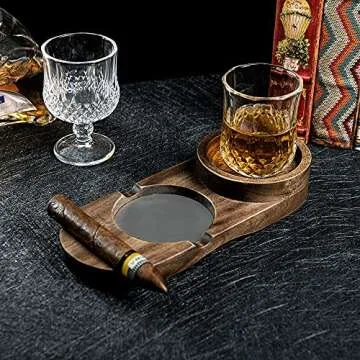 Wooden Cigar Ashtray and Whiskey Glass Tray Gift Set