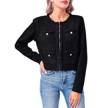 Esobo Womens Knit Cardigan Sweaters Open Front Long Sleeve Cropped Trendy Jacket Outerwear(Black,Medium)