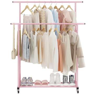 Calmootey Double Rod Clothing Garment Rack,Rolling Hanging Clothes Rack,Portable Clothes Organizer f...