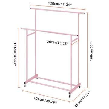Calmootey Double Rod Clothing Garment Rack,Rolling Hanging Clothes Rack,Portable Clothes Organizer for Bedroom,Living Room,Clothing Store,Pink