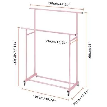 Calmootey Double Rod Clothing Garment Rack,Rolling Hanging Clothes Rack,Portable Clothes Organizer for Bedroom,Living Room,Clothing Store,Pink