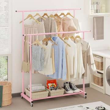 Calmootey Double Rod Clothing Garment Rack,Rolling Hanging Clothes Rack,Portable Clothes Organizer for Bedroom,Living Room,Clothing Store,Pink