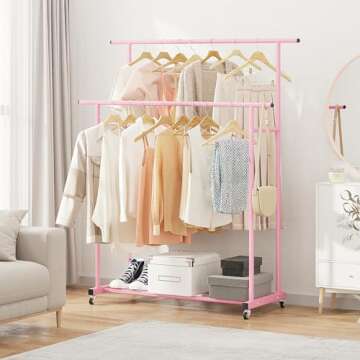 Calmootey Double Rod Clothing Garment Rack,Rolling Hanging Clothes Rack,Portable Clothes Organizer for Bedroom,Living Room,Clothing Store,Pink