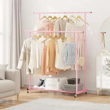 Calmootey Double Rod Clothing Garment Rack,Rolling Hanging Clothes Rack,Portable Clothes Organizer for Bedroom,Living Room,Clothing Store,Pink