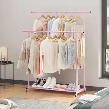Calmootey Double Rod Clothing Garment Rack,Rolling Hanging Clothes Rack,Portable Clothes Organizer for Bedroom,Living Room,Clothing Store,Pink