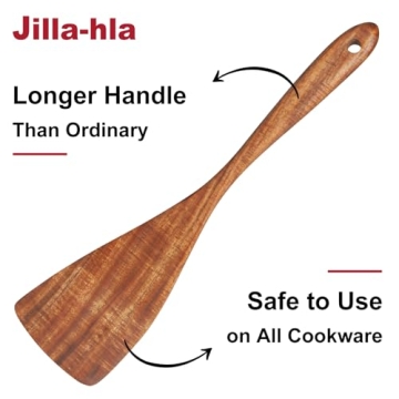 Jilla-hla Wooden Spatula Long Handle Acacia Wood, Flat Wok Spatula for Nonstick Cookware and Kitchen Cooking