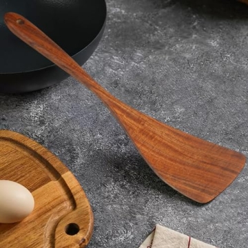 Jilla-hla Wooden Spatula Long Handle Acacia Wood, Flat Wok Spatula for Nonstick Cookware and Kitchen Cooking