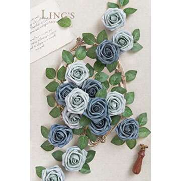 Ling's Moment Artificial Flowers 50Pcs Dusty Blue & Navy Roses Decor w/Stems,3" Real Touch DIY Foam ...