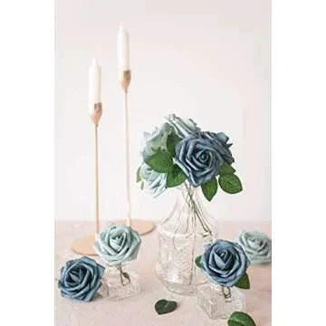 Ling's Moment Artificial Flowers 50Pcs Dusty Blue & Navy Roses Decor w/Stems,3" Real Touch DIY Foam Floral for Wedding Bouquet/Centerpieces, Outdoors Party Backdrop, Room/Table, and Garden/Pot Decor