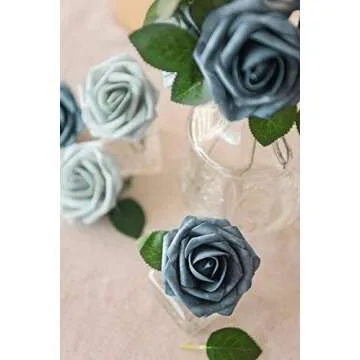 Ling's Moment Artificial Flowers 50Pcs Dusty Blue & Navy Roses Decor w/Stems,3" Real Touch DIY Foam Floral for Wedding Bouquet/Centerpieces, Outdoors Party Backdrop, Room/Table, and Garden/Pot Decor