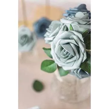 Ling's Moment Artificial Flowers 50Pcs Dusty Blue & Navy Roses Decor w/Stems,3" Real Touch DIY Foam Floral for Wedding Bouquet/Centerpieces, Outdoors Party Backdrop, Room/Table, and Garden/Pot Decor