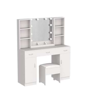 Vabches Makeup Vanity Desk with Lights, 3 Lighting Colors, White Vanity Set Makeup Table, Large Vanity with 3 Drawers, 2 Cabinets and Multiple Shelves, 45.2in