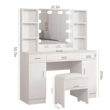 Vabches Makeup Vanity Desk with Lights, 3 Lighting Colors, White Vanity Set Makeup Table, Large Vanity with 3 Drawers, 2 Cabinets and Multiple Shelves, 45.2in