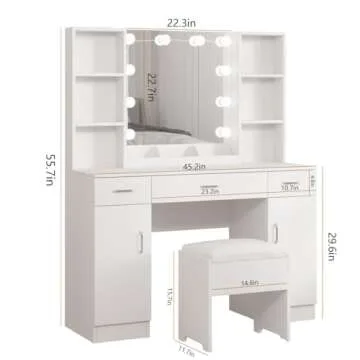 Vabches Makeup Vanity Desk with Lights, 3 Lighting Colors, White Vanity Set Makeup Table, Large Vanity with 3 Drawers, 2 Cabinets and Multiple Shelves, 45.2in