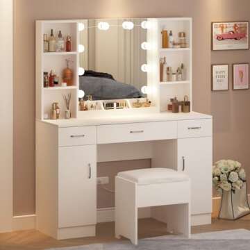 Vabches Makeup Vanity Desk with Lights, 3 Lighting Colors, White Vanity Set Makeup Table, Large Vanity with 3 Drawers, 2 Cabinets and Multiple Shelves, 45.2in