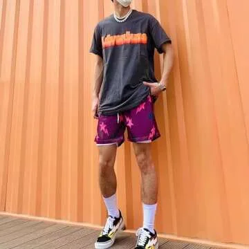 BOOMLEMON Mens Mesh Graphic Print Shorts Casual Workout Cool Shorts Gym Basketball Running Short Pants(Star Burgundy XS)