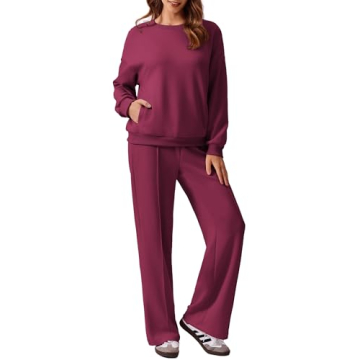 PINSPARK Sweat Suit For Women 2 Piece Set Fall Crewneck Pullover Tops Athletic Straight Leg Loungewe...