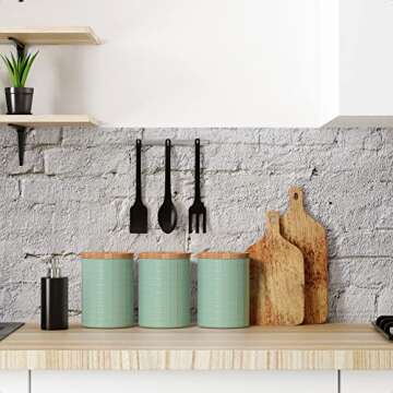 Barnyard Designs Kitchen Canisters with Bamboo Lids, Airtight Metal Canister Set, Coffee, Sugar, Tea, Flour Storage Containers, Farmhouse Kitchen Decor, Mint, 5.25” x 6.75”, Set of 3