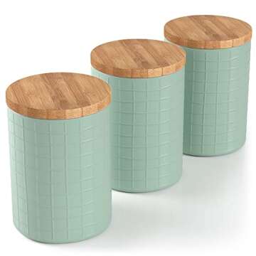 Barnyard Designs Kitchen Canisters with Bamboo Lids, Airtight Metal Canister Set, Coffee, Sugar, Tea, Flour Storage Containers, Farmhouse Kitchen Decor, Mint, 5.25” x 6.75”, Set of 3