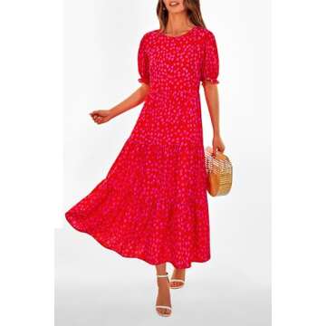 PRETTYGARDEN Women's Summer Casual Boho Dress Floral Print Ruffle Puff Short Sleeve Flowy Midi Beach Party Dresses (Print Red,Large)