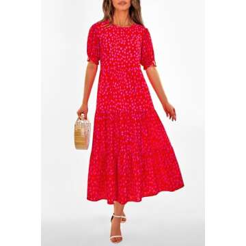 PRETTYGARDEN Women's Summer Casual Boho Dress Floral Print Ruffle Puff Short Sleeve Flowy Midi Beach Party Dresses (Print Red,Large)