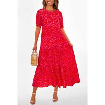 PRETTYGARDEN Women's Summer Casual Boho Dress Floral Print Ruffle Puff Short Sleeve Flowy Midi Beach Party Dresses (Print Red,Large)