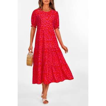 PRETTYGARDEN Women's Summer Casual Boho Dress Floral Print Ruffle Puff Short Sleeve Flowy Midi Beach Party Dresses (Print Red,Large)